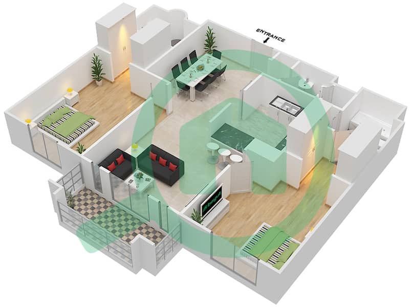 المخططات الطابقية لتصميم الوحدة 2 / FLOOR 1-2 شقة 2 غرفة نوم - يانسون 1 interactive3D