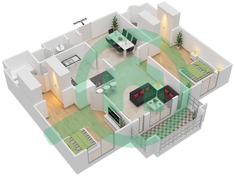 المخططات الطابقية لتصميم الوحدة 3 / FLOOR 1-2 شقة 2 غرفة نوم - يانسون 1 Floor 1-2 interactive3D