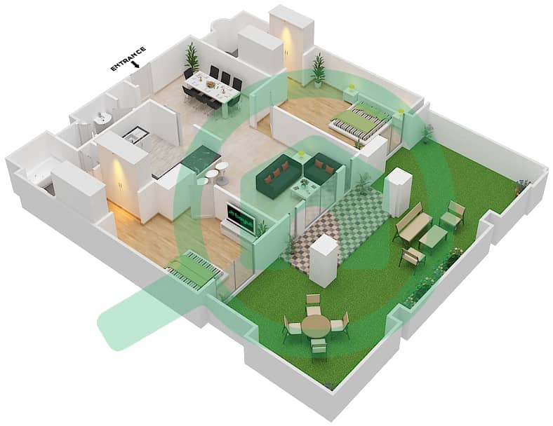 المخططات الطابقية لتصميم الوحدة 3 / GROUND FLOOR شقة 2 غرفة نوم - يانسون 1 Ground Floor interactive3D