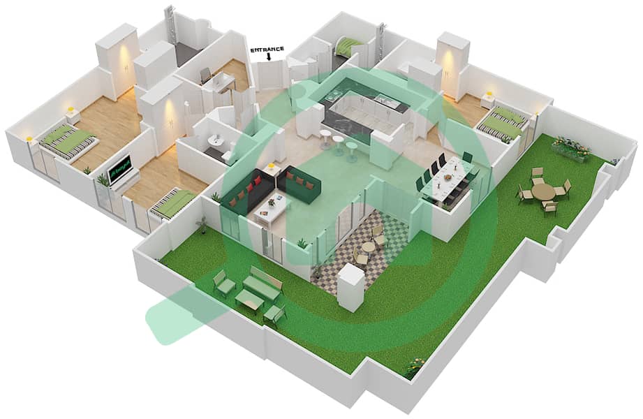 المخططات الطابقية لتصميم الوحدة 4 / GROUND FLOOR شقة 3 غرف نوم - يانسون 1 Ground Floor interactive3D