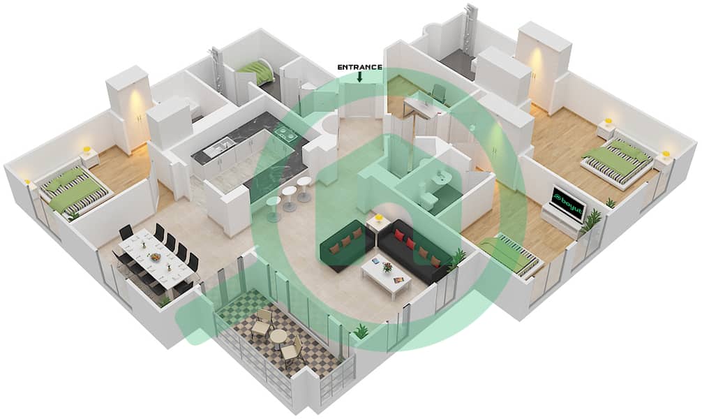 Янсун 1 - Апартамент 3 Cпальни планировка Единица измерения 5 / FLOOR 1-2 Floor 1-2 interactive3D