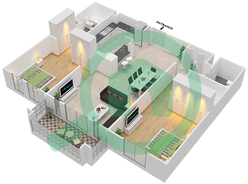 المخططات الطابقية لتصميم الوحدة 7 / FLOOR 1-2 شقة 2 غرفة نوم - يانسون 1 Floor 1-2 interactive3D