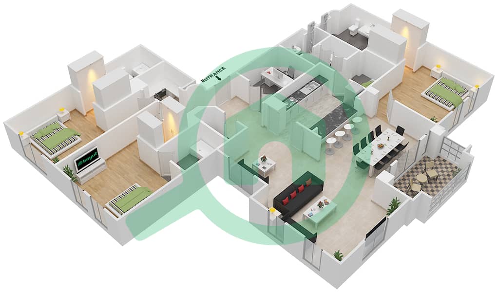 燕舒1号楼 - 3 卧室公寓单位8 / FLOOR 1-2戶型图 Floor 1-2 interactive3D