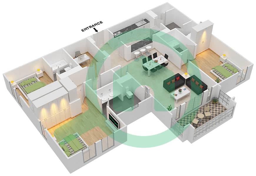 المخططات الطابقية لتصميم الوحدة 9 / FLOOR 1-2 شقة 3 غرف نوم - يانسون 1 Floor 1-2 interactive3D