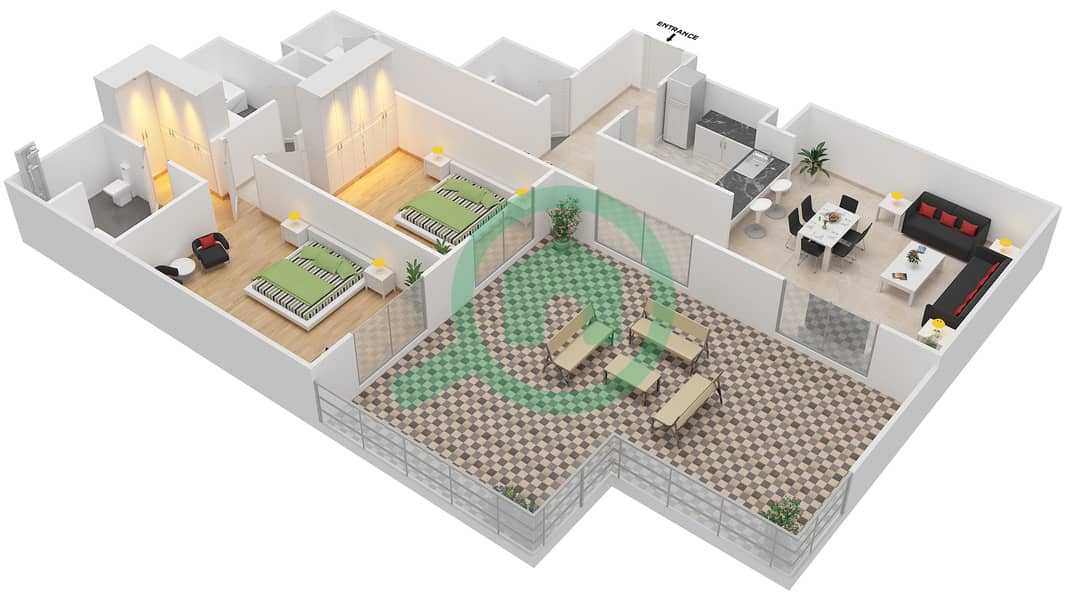 المخططات الطابقية لتصميم التصميم 15 GROUND FLOOR شقة 2 غرفة نوم - برج ترافو B Ground Floor interactive3D