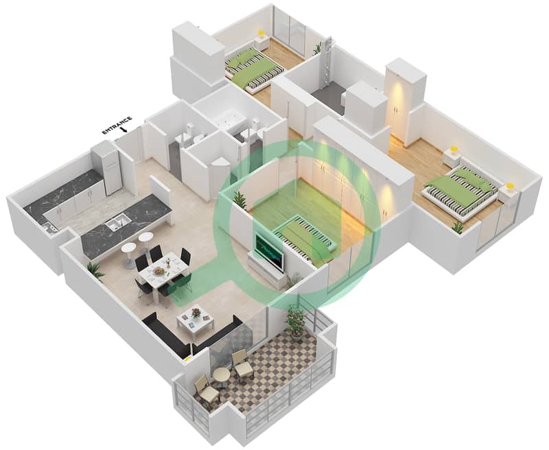 المخططات الطابقية لتصميم التصميم 13 FLOORS 1-2 شقة 3 غرف نوم - برج ترافو B Floor 1-2 interactive3D