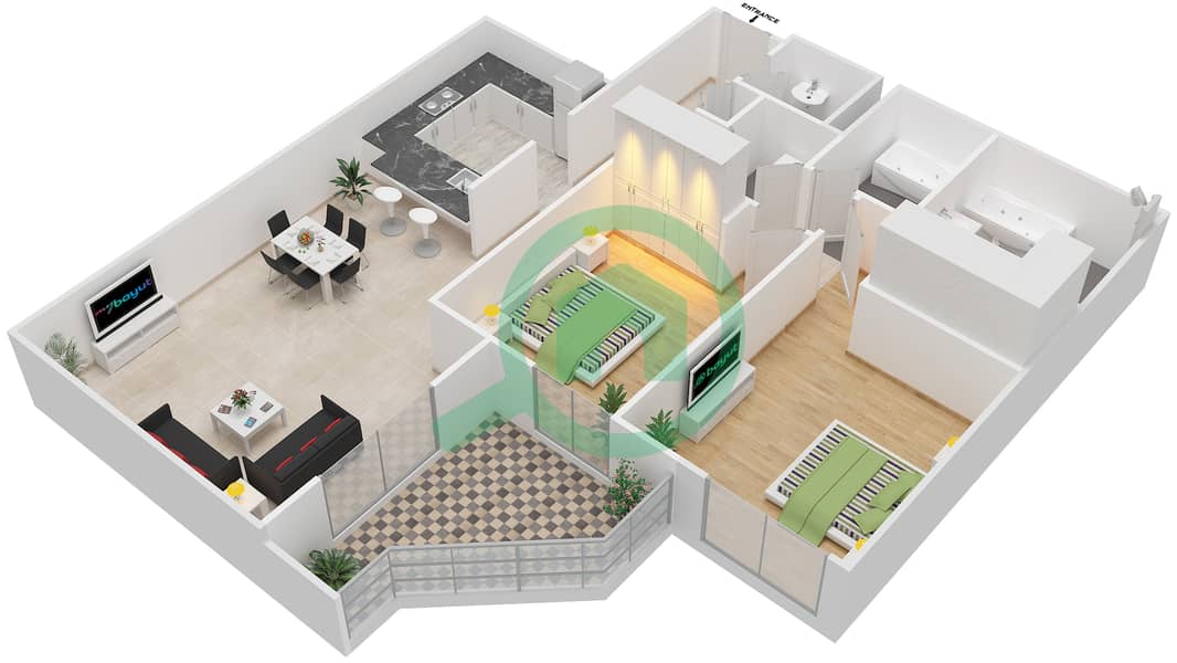 المخططات الطابقية لتصميم التصميم 3 FLOORS 3-6 شقة 2 غرفة نوم - برج ترافو B Floor 3-6 interactive3D