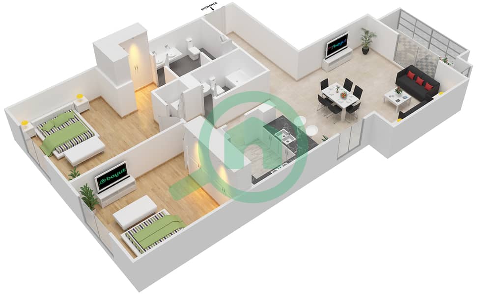 المخططات الطابقية لتصميم التصميم 4 FLOORS 1-3 شقة 2 غرفة نوم - برج ترافو B Floor 1-3 interactive3D