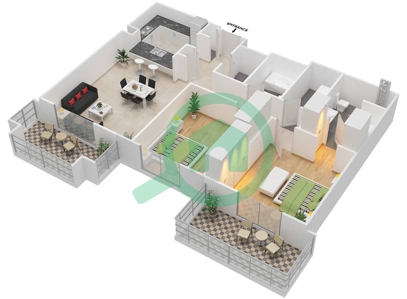 المخططات الطابقية لتصميم التصميم 13A - 3RD FLOOR شقة 2 غرفة نوم - برج ترافو B Floor 3 interactive3D