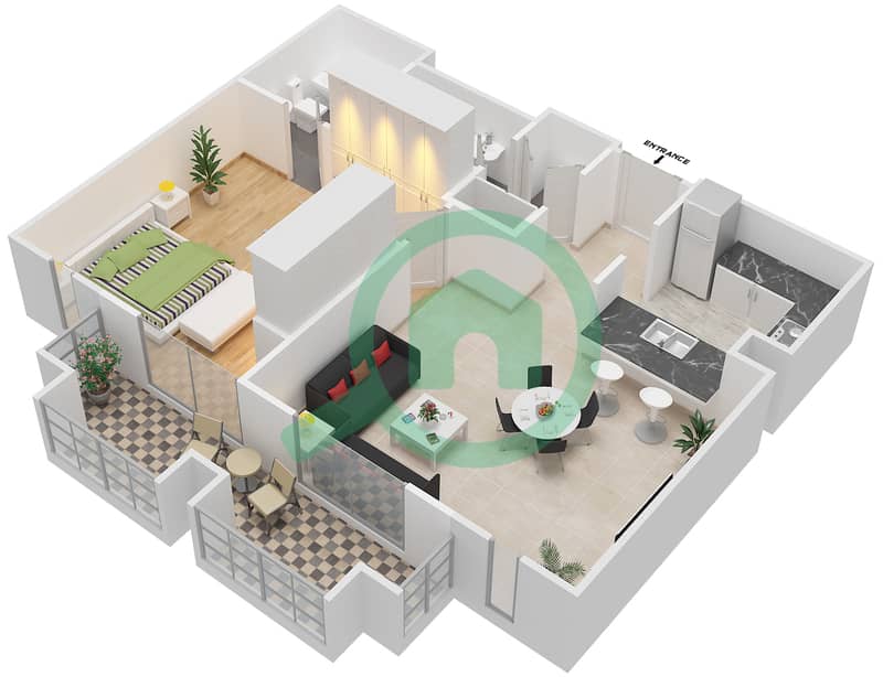 特拉沃大厦B座 - 1 卧室公寓套房6 FLOORS 2-6戶型图 Floors 2-6 interactive3D