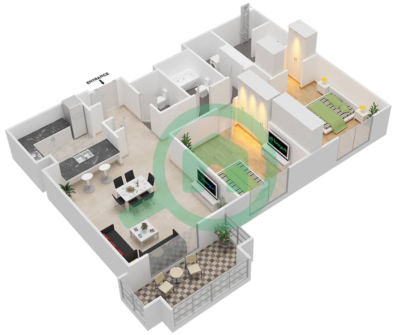 المخططات الطابقية لتصميم التصميم 13A - 4TH FLOOR شقة 2 غرفة نوم - برج ترافو B Floor 4 interactive3D
