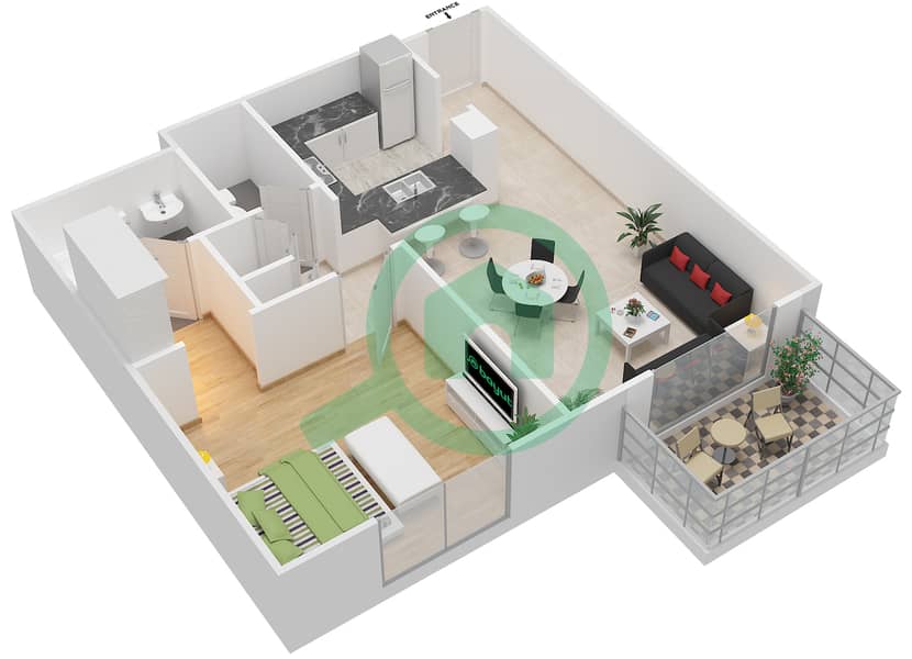 المخططات الطابقية لتصميم التصميم 11 FLOORS 1-2 شقة 1 غرفة نوم - برج ترافو B Floor 1-2 interactive3D