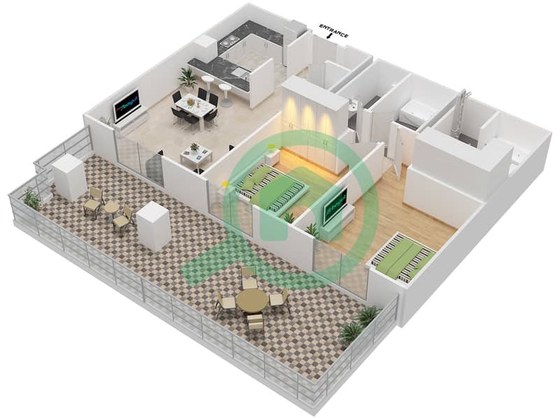 المخططات الطابقية لتصميم التصميم 14 GROUND FLOOR شقة 2 غرفة نوم - برج ترافو B Ground Floor interactive3D