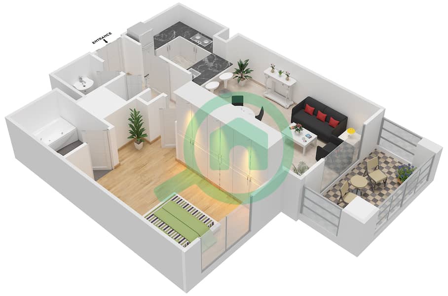 المخططات الطابقية لتصميم التصميم 8 FLOORS 2-6 شقة 1 غرفة نوم - برج ترافو B Floor 2-6 interactive3D