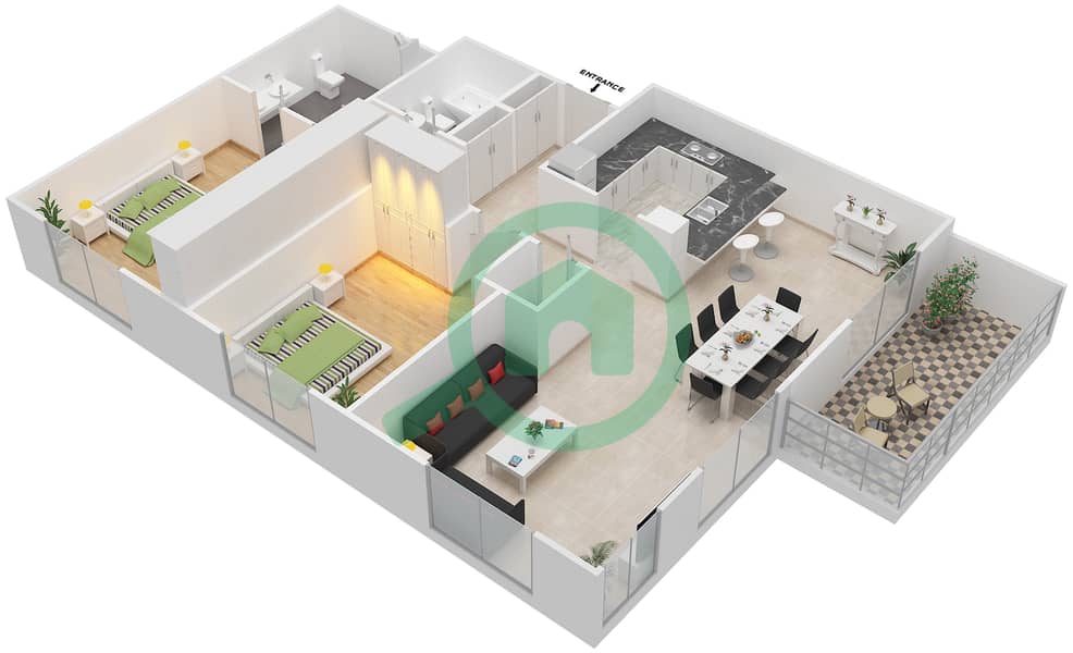 المخططات الطابقية لتصميم التصميم 1 & 17 FLOORS 1-3 شقة 2 غرفة نوم - برج ترافو B Floor 1-3 interactive3D