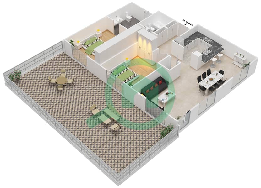 المخططات الطابقية لتصميم التصميم 1 & 17 GROUND FLOOR شقة 2 غرفة نوم - برج ترافو B Ground Floor interactive3D