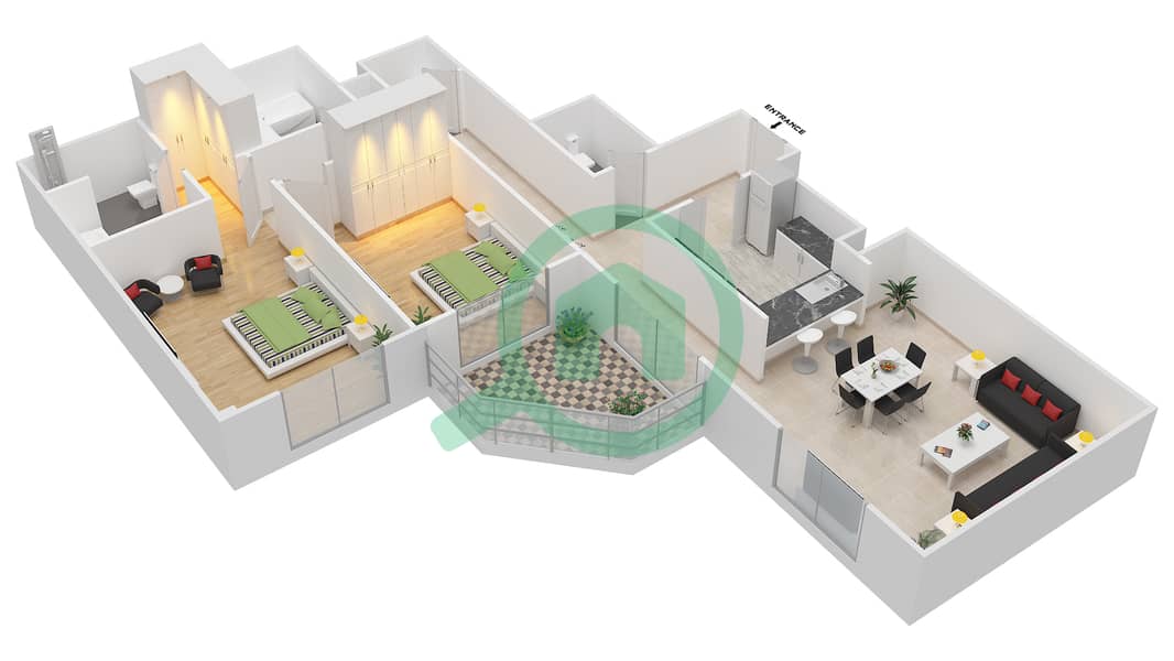 المخططات الطابقية لتصميم التصميم 15 FLOORS 1-6 شقة 2 غرفة نوم - برج ترافو B Floors 1-6 interactive3D