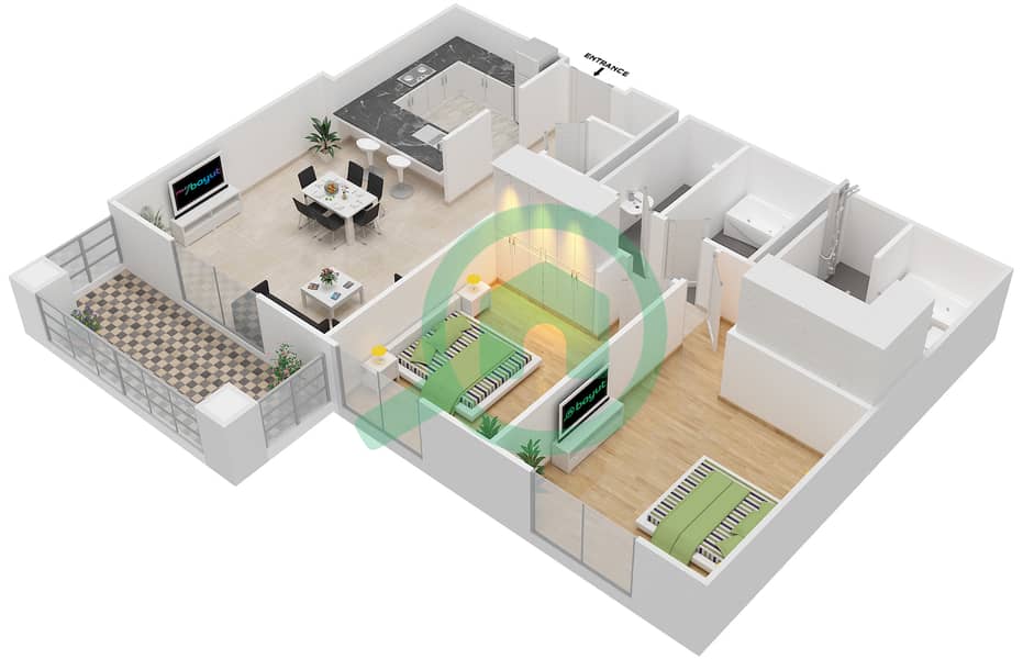 المخططات الطابقية لتصميم التصميم 16 FLOORS 1-6 شقة 2 غرفة نوم - برج ترافو B Floor 1-6 interactive3D