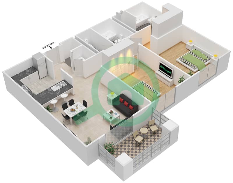 المخططات الطابقية لتصميم التصميم 14 FLOORS 1-4 شقة 2 غرفة نوم - برج ترافو B Floor 1-4 interactive3D