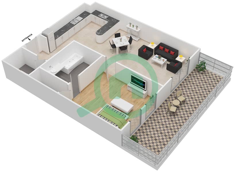 المخططات الطابقية لتصميم النموذج A شقة 1 غرفة نوم - مارلو هاوس ١ interactive3D