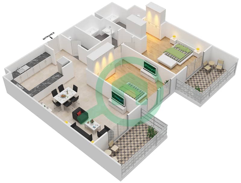 المخططات الطابقية لتصميم النموذج A شقة 2 غرفة نوم - مارلو هاوس ٢ interactive3D