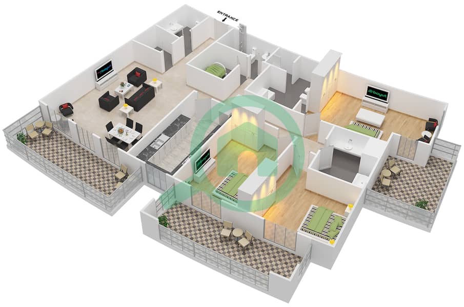 المخططات الطابقية لتصميم الوحدة 5,1A شقة 3 غرف نوم - سيرك ديكنز 3 interactive3D