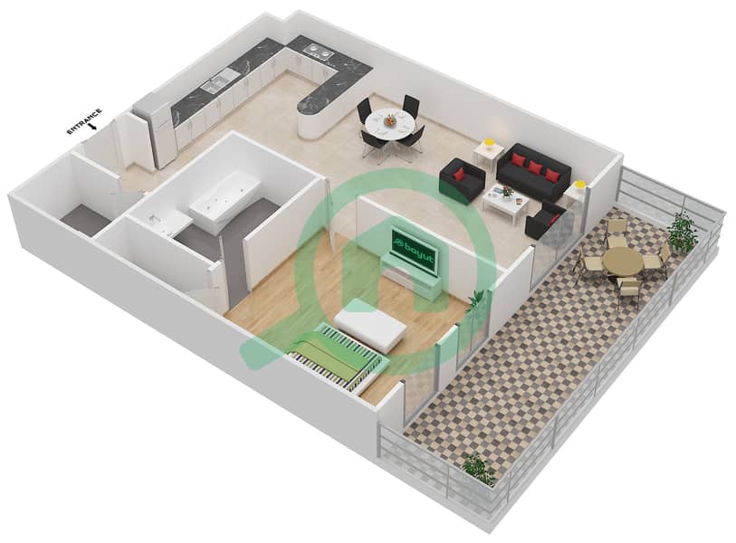 Claverton House 1 - 1 Bedroom Apartment Type 1 Floor plan interactive3D