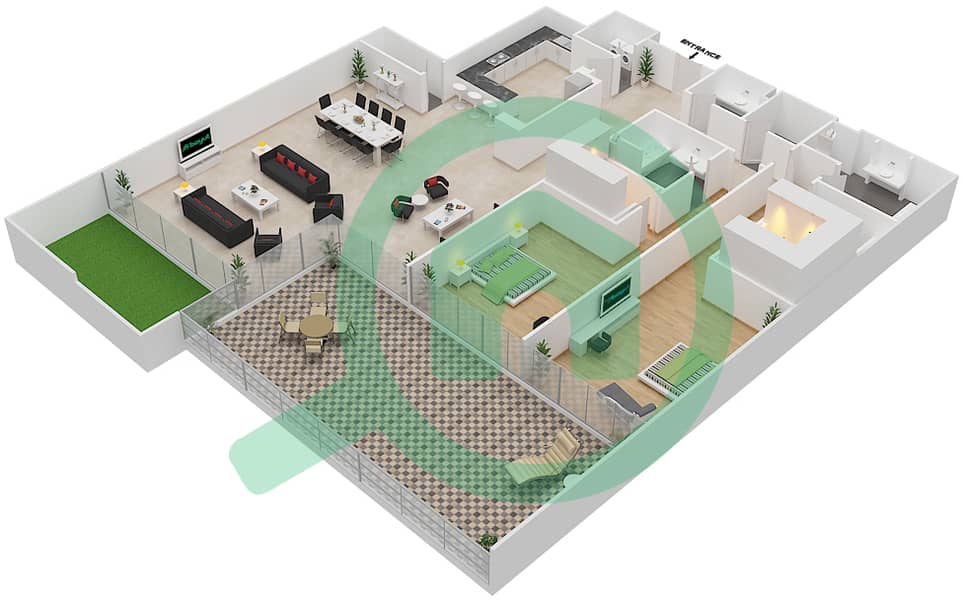 المخططات الطابقية لتصميم النموذج B شقة 2 غرفة نوم - سنست مول interactive3D