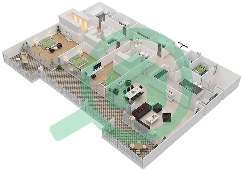 المخططات الطابقية لتصميم النموذج C شقة 3 غرف نوم - سنست مول interactive3D