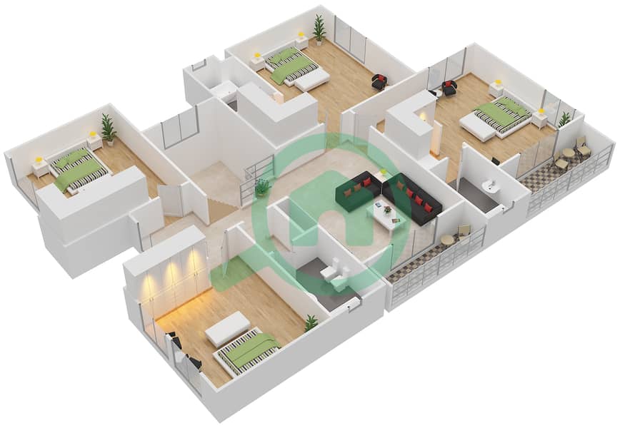 المخططات الطابقية لتصميم النموذج A فیلا 5 غرف نوم - ليلك First Floor interactive3D