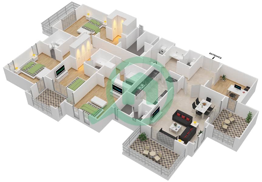 Саадият Бич Резиденсис - Апартамент 4 Cпальни планировка Тип D interactive3D