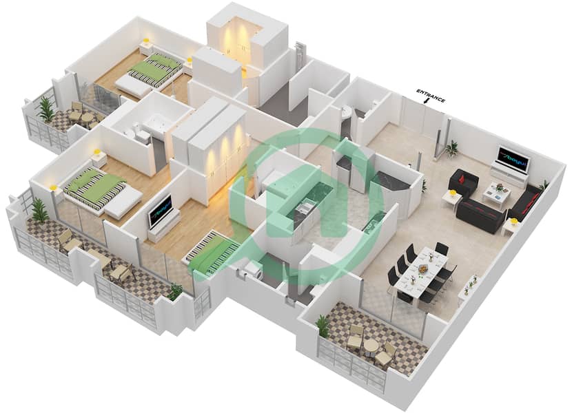 Саадият Бич Резиденсис - Апартамент 3 Cпальни планировка Тип C1 interactive3D