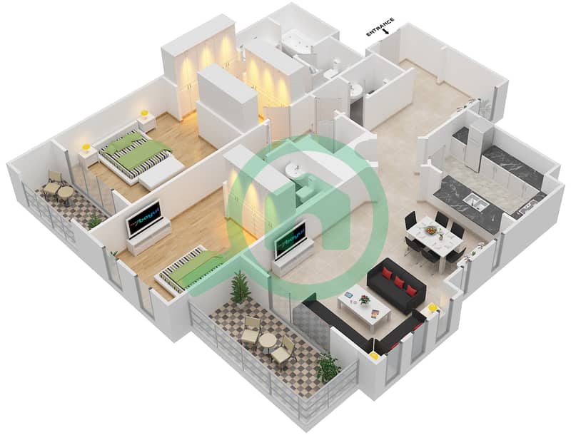 المخططات الطابقية لتصميم النموذج C1 شقة 2 غرفة نوم - مساكن شاطئ السعديات interactive3D