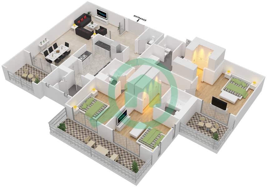 Саадият Бич Резиденсис - Апартамент 3 Cпальни планировка Тип C interactive3D