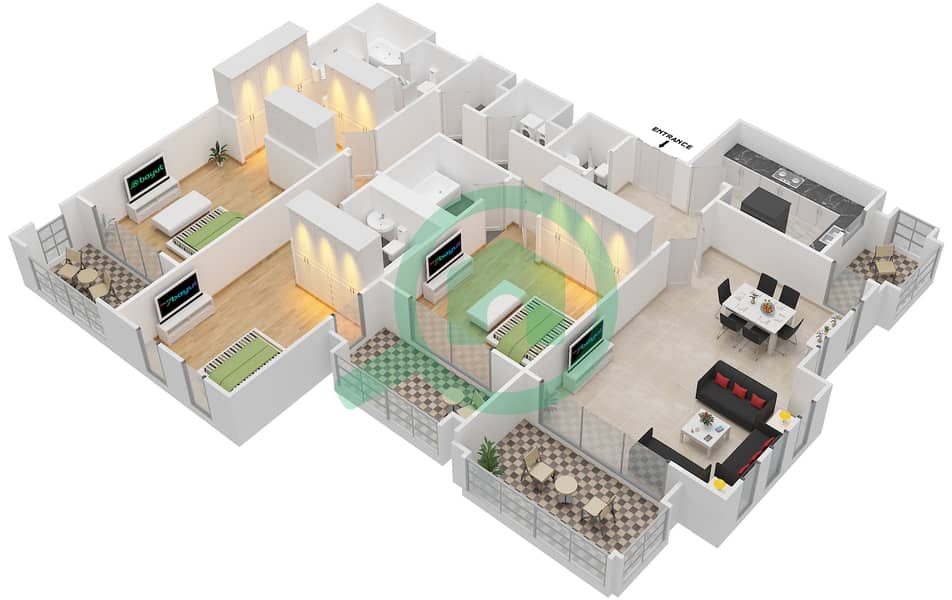 المخططات الطابقية لتصميم النموذج D شقة 3 غرف نوم - مساكن شاطئ السعديات interactive3D