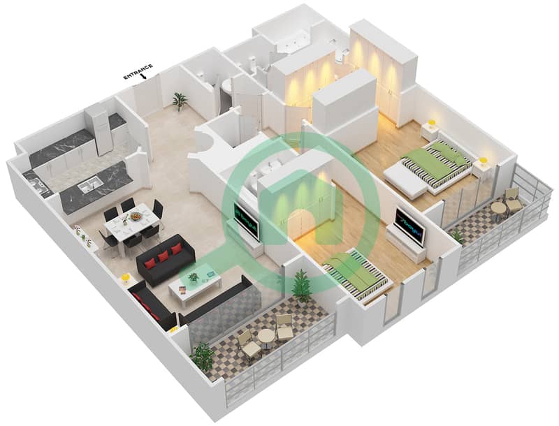 المخططات الطابقية لتصميم النموذج C شقة 2 غرفة نوم - مساكن شاطئ السعديات interactive3D