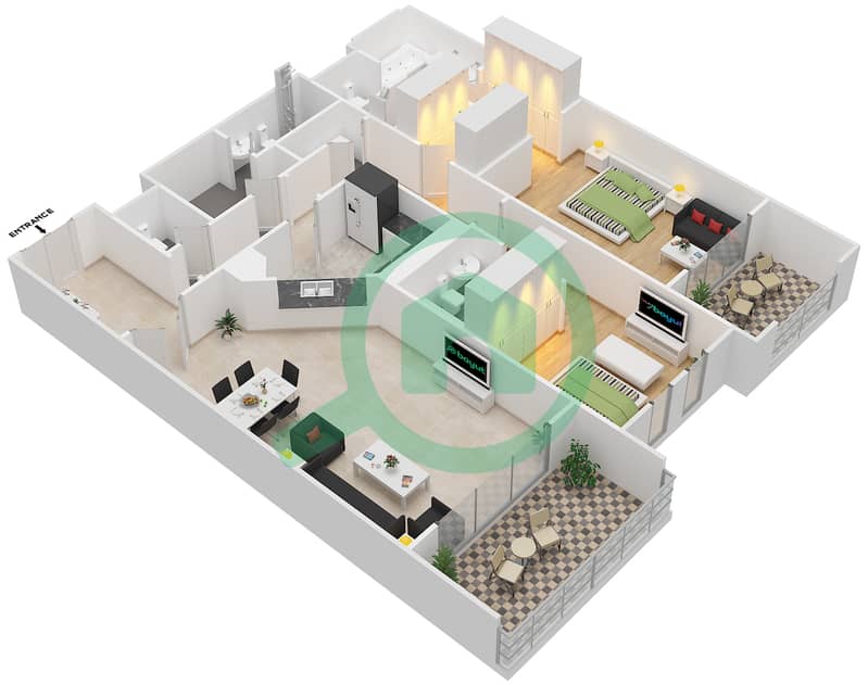 Саадият Бич Резиденсис - Апартамент 2 Cпальни планировка Тип B interactive3D
