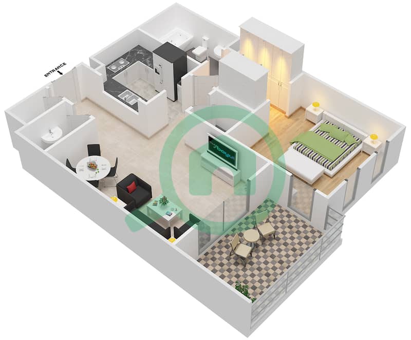 المخططات الطابقية لتصميم النموذج B شقة 1 غرفة نوم - مساكن شاطئ السعديات interactive3D