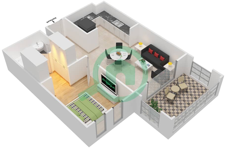 Саадият Бич Резиденсис - Апартамент 1 Спальня планировка Тип A interactive3D