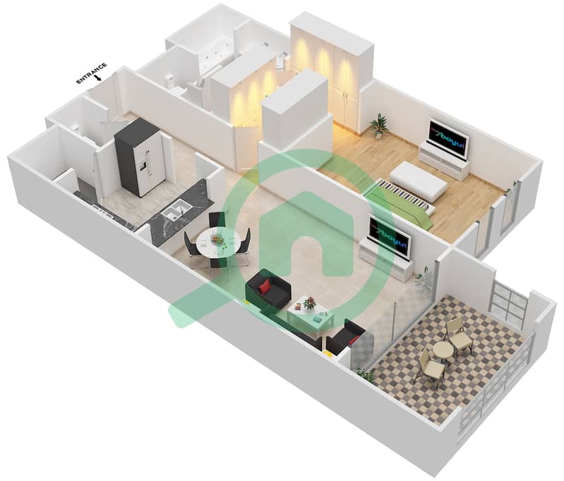 المخططات الطابقية لتصميم النموذج A شقة 1 غرفة نوم - مساكن شاطئ السعديات interactive3D