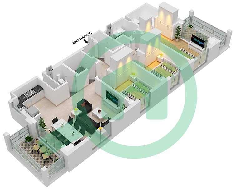 المخططات الطابقية لتصميم الوحدة 1  FLOOR 6-7 شقة 3 غرف نوم - سيرف في كريك بيتش Floor 6-7 interactive3D