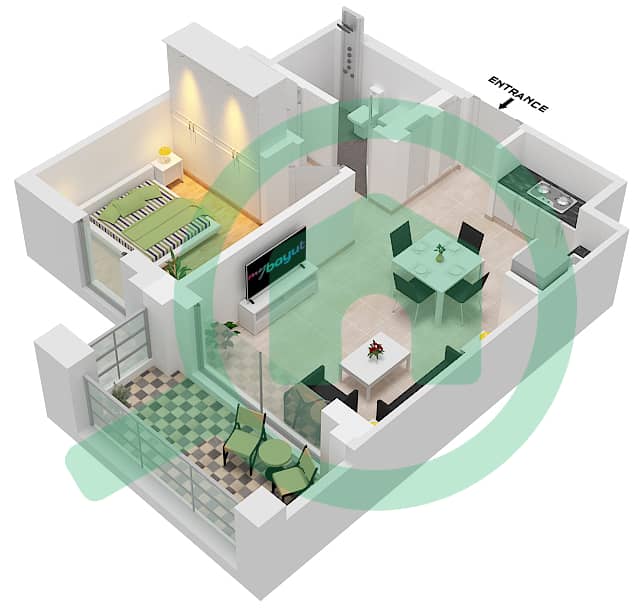 冲浪公寓 - 1 卧室公寓单位10 FLOOR 2-9 (B-2)戶型图 Floor 2-9 interactive3D