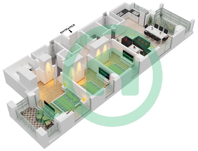 المخططات الطابقية لتصميم الوحدة 1  FLOOR 2-7 (B-2) شقة 1 غرفة نوم - سيرف في كريك بيتش Floor 2-7 interactive3D