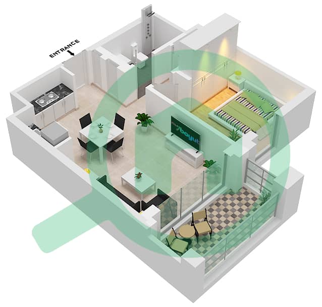 المخططات الطابقية لتصميم الوحدة 9 FLOOR 2-9  (B-2) شقة 1 غرفة نوم - سيرف في كريك بيتش Floor 2-9 interactive3D