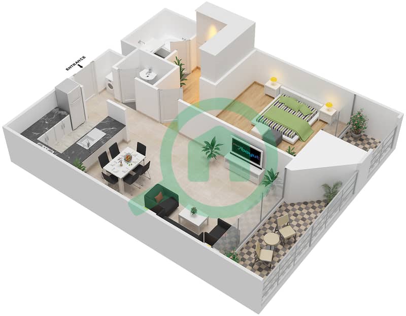 المخططات الطابقية لتصميم النموذج K شقة 1 غرفة نوم - بارك فيو interactive3D