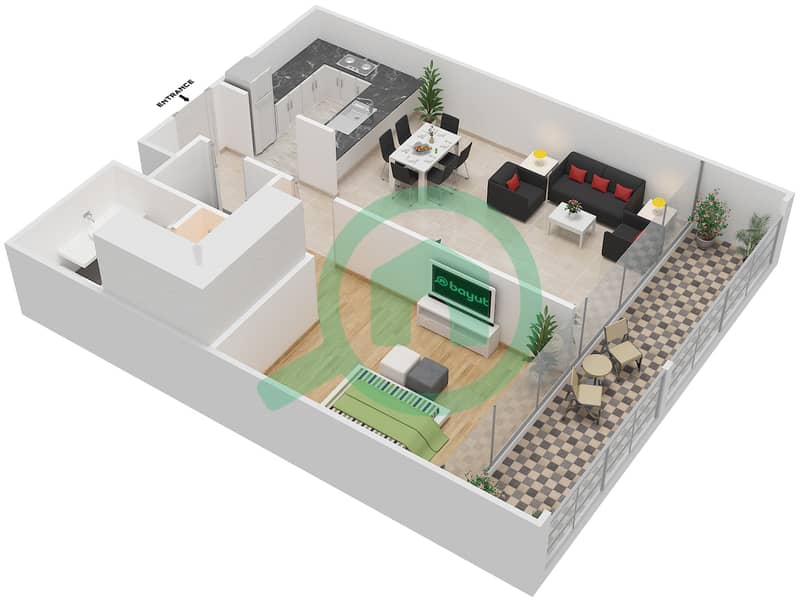 المخططات الطابقية لتصميم النموذج A شقة 1 غرفة نوم - بارك فيو interactive3D