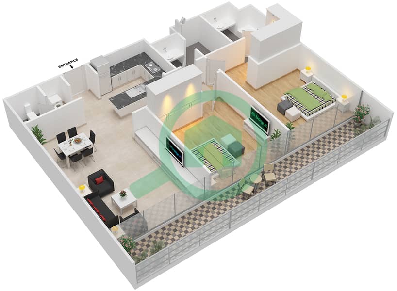 المخططات الطابقية لتصميم النموذج A شقة 2 غرفة نوم - بارك فيو interactive3D