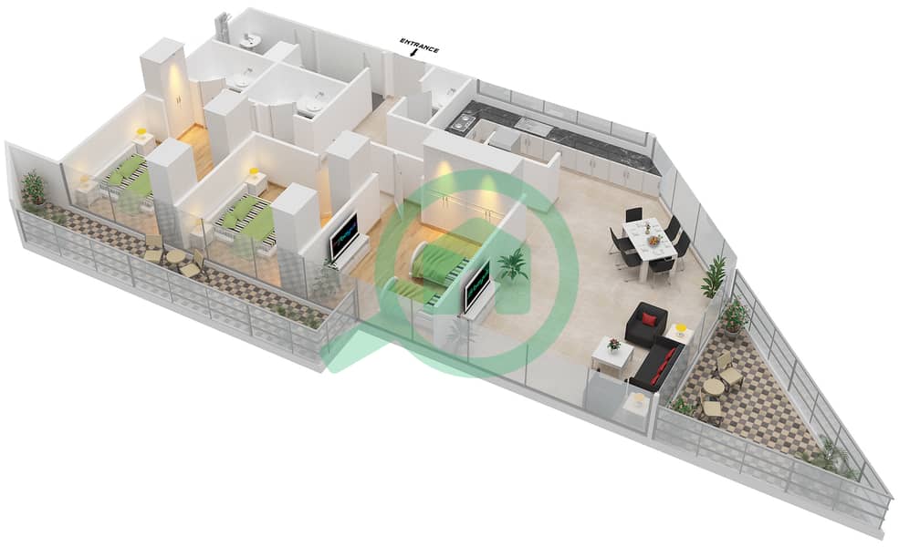 المخططات الطابقية لتصميم النموذج A شقة 3 غرف نوم - بارك فيو interactive3D