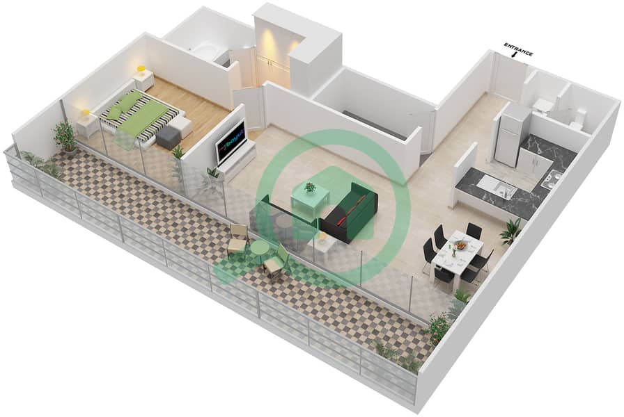 المخططات الطابقية لتصميم النموذج B شقة 1 غرفة نوم - بارك فيو interactive3D
