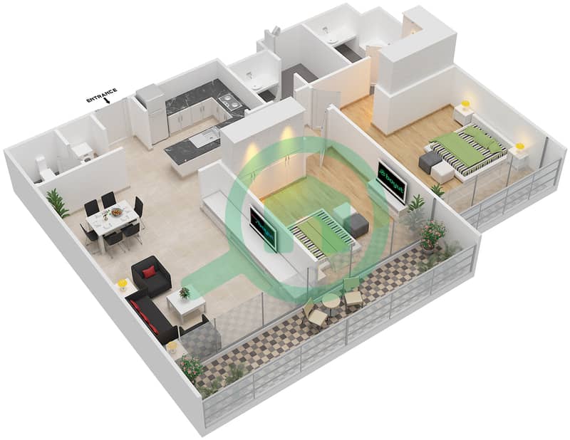 المخططات الطابقية لتصميم النموذج B شقة 2 غرفة نوم - بارك فيو interactive3D